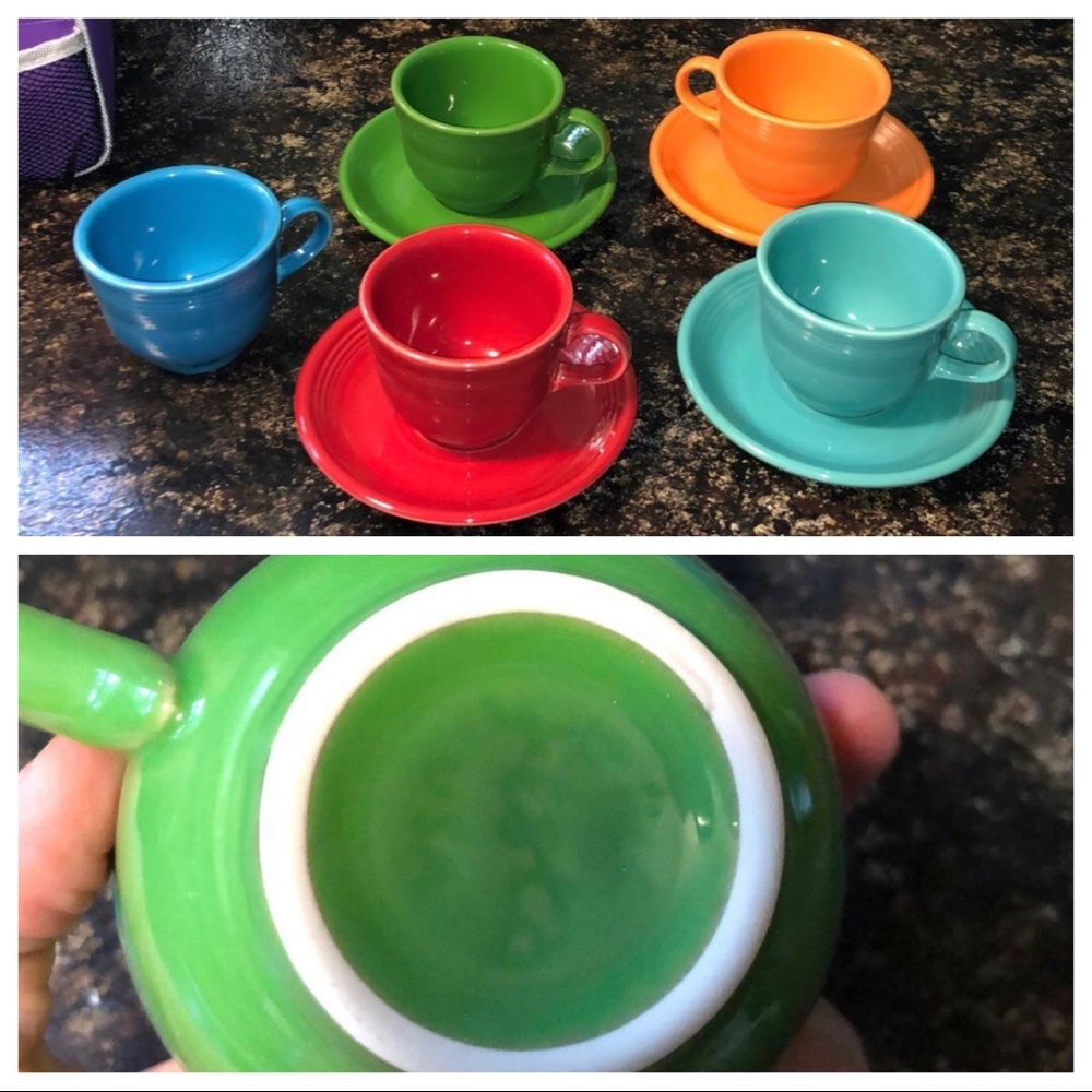 Fiesta ware teacups. Found the blue cups plate!